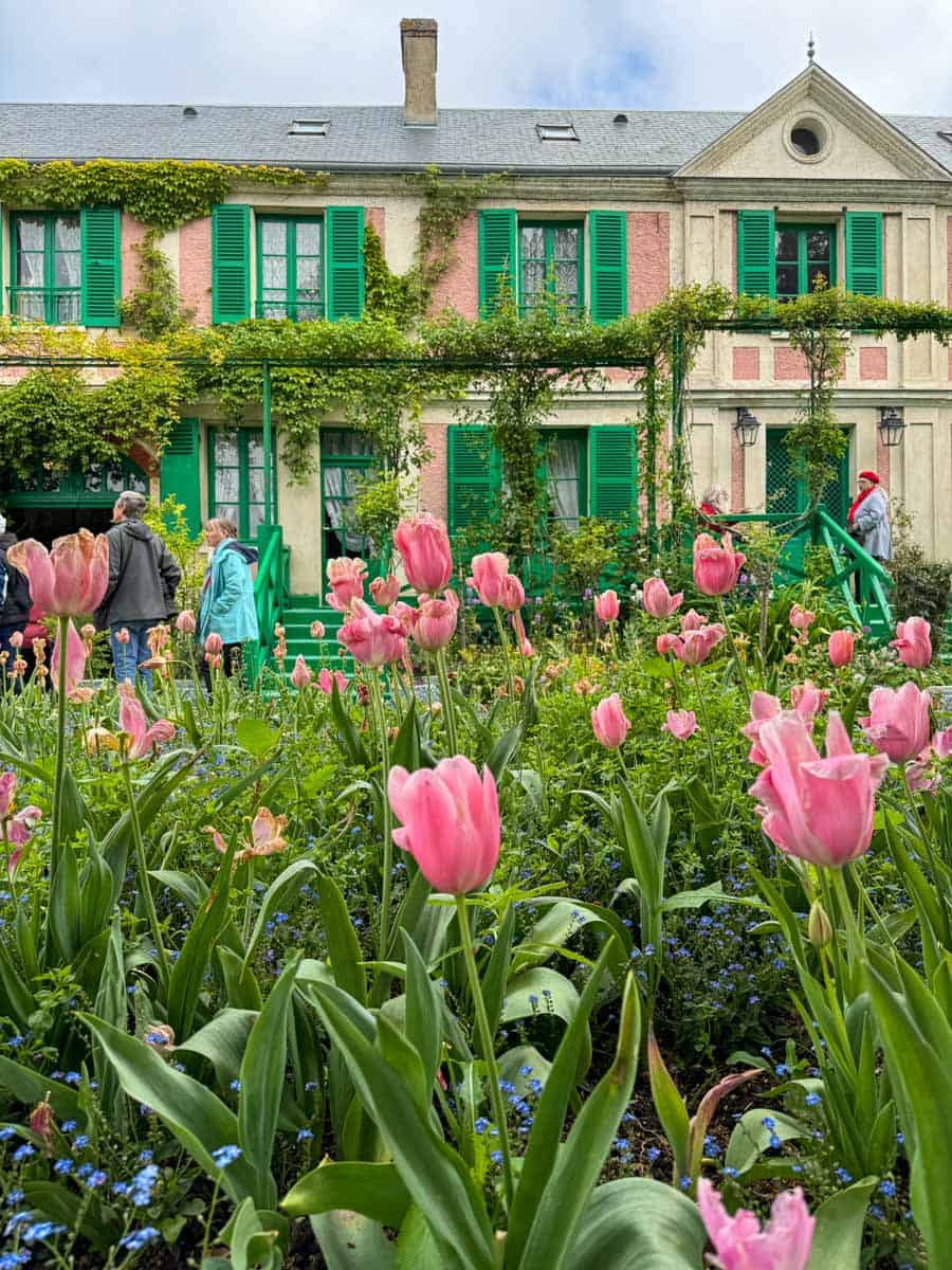 Pink tulips in front of Monet's House in Giverny